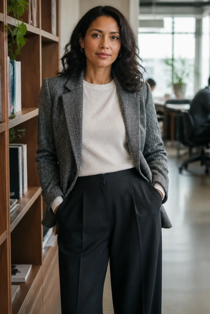 Grey tweed blazer over cream knit tee with dark wide-leg trousers and loafers