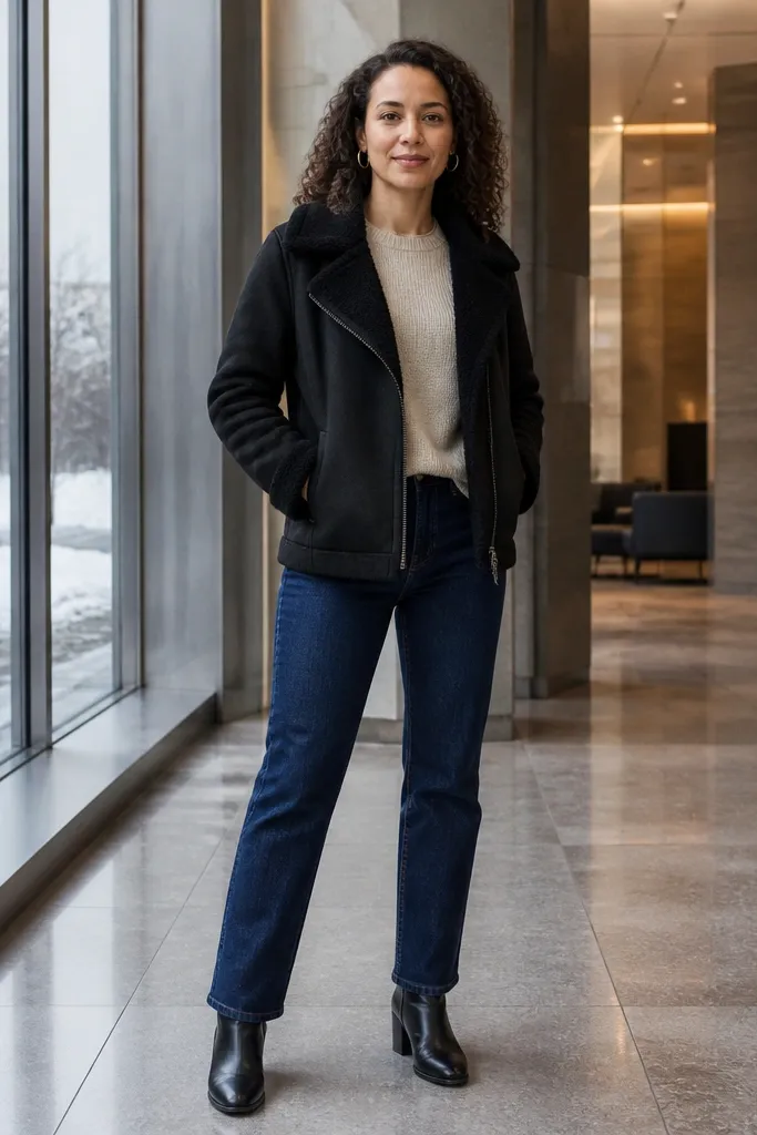 Black shearling-look jacket over oatmeal sweater with dark denim and black boots