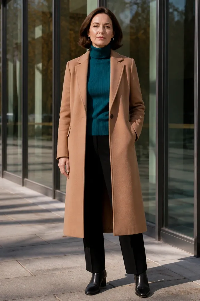 Deep teal turtleneck under camel overcoat with black ankle-length trousers and brown boots