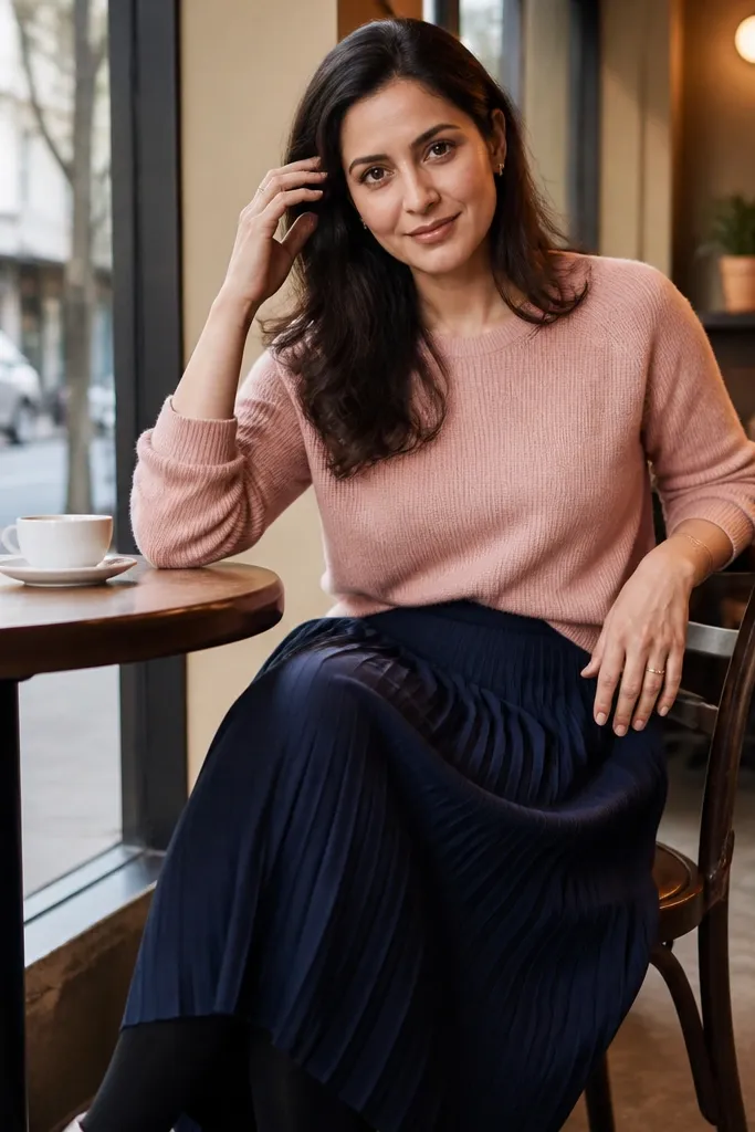 Blush pink sweater with navy pleated midi skirt, black tights, and dark heels