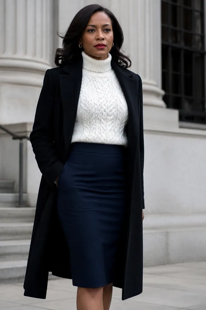 White cable turtleneck with navy pencil skirt and black long coat with black ankle boots