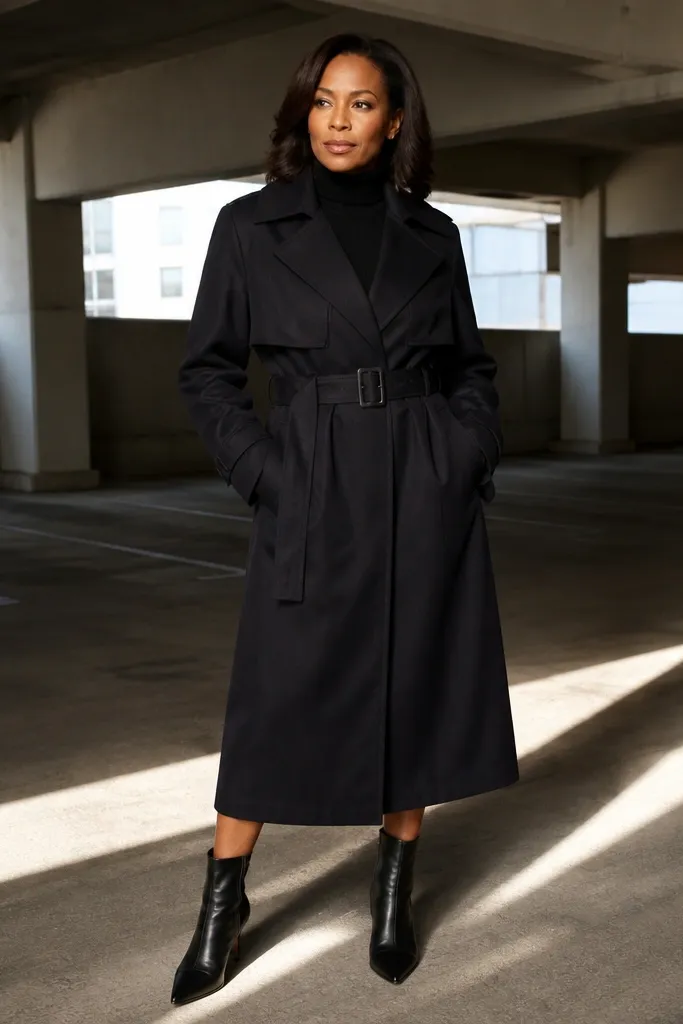 Black turtleneck dress with cinched waist trench coat and pointed ankle boots