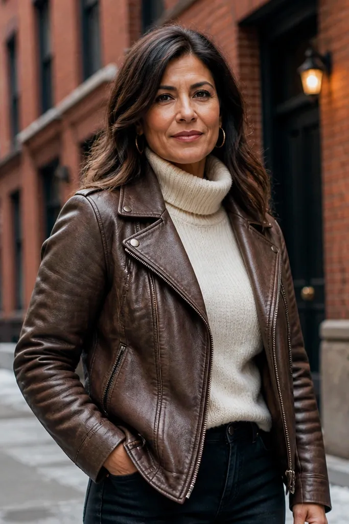 Brown moto jacket over knit turtleneck with dark straight jeans and Chelsea boots