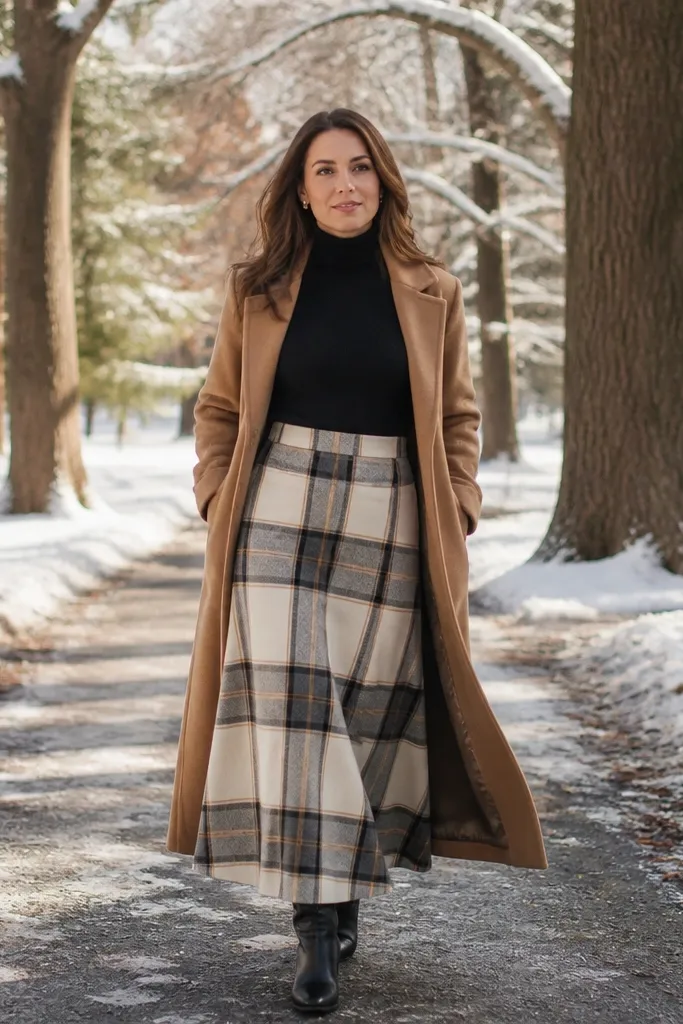 Black turtleneck with cream plaid maxi skirt and long camel coat with brown boots