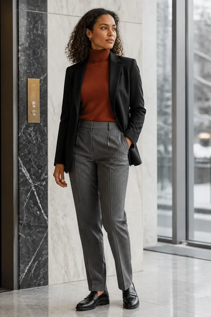Red-brown turtleneck with black blazer and gray pinstripe trousers and black loafers