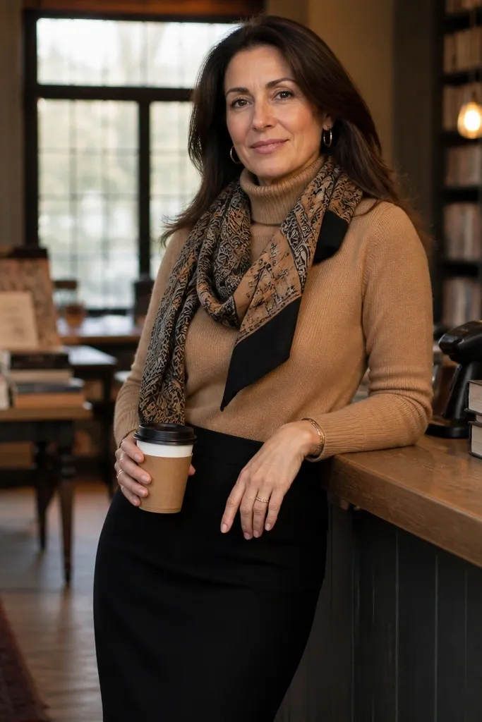 Camel turtleneck with black midi pencil skirt and patterned scarf with black boots