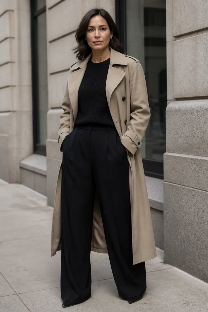 Stone trench over black knit top with wide-leg trousers and black loafers