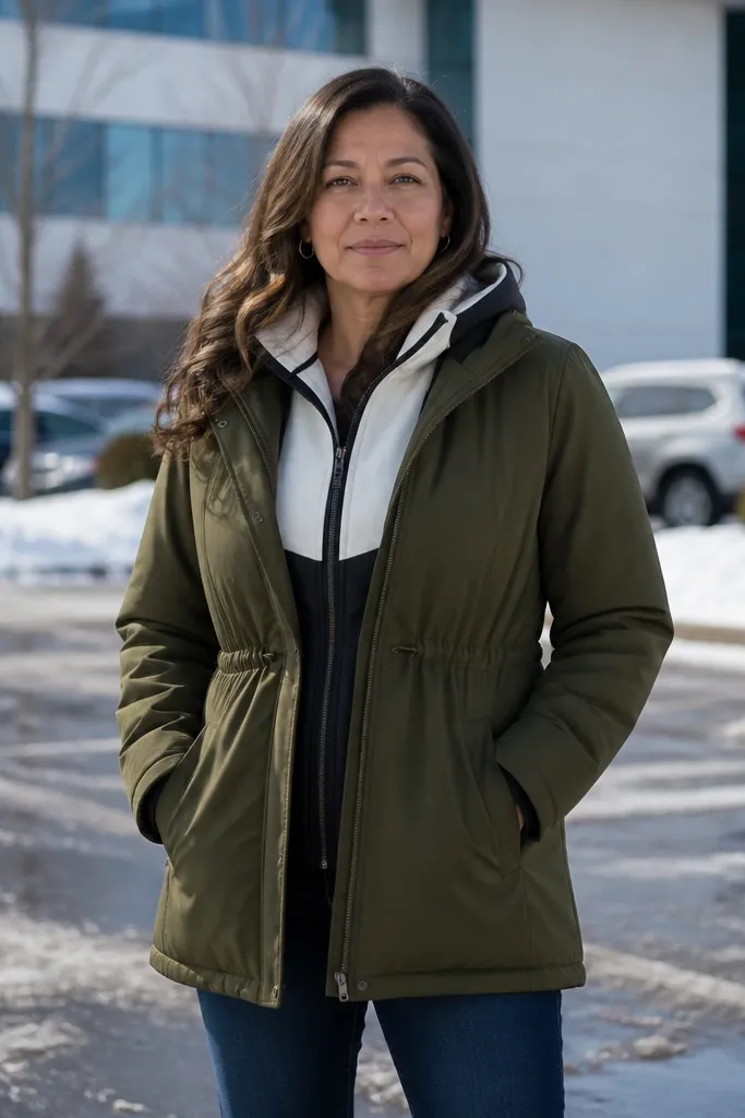 Olive parka over structured hoodie with straight jeans and combat-style boots