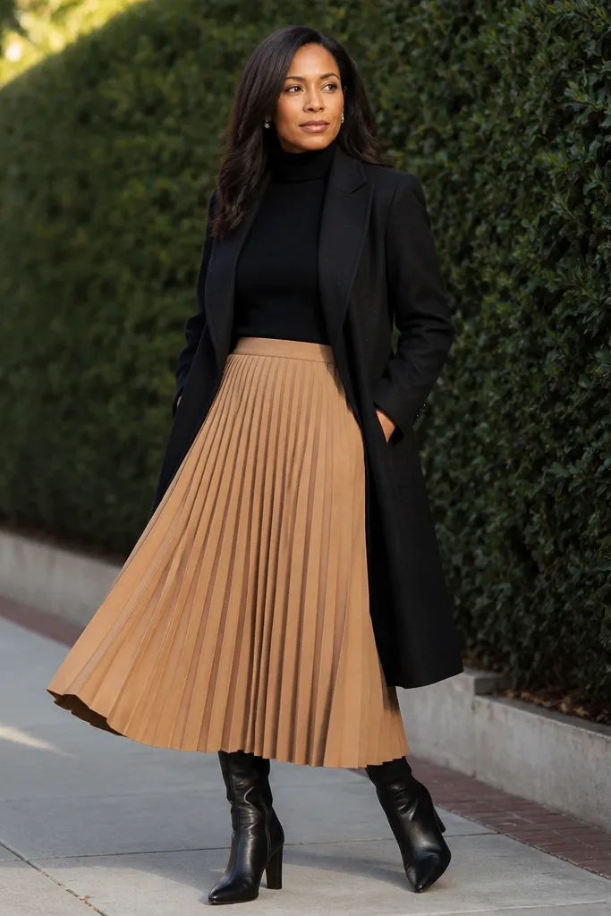 Black turtleneck with camel pleated midi skirt and black coat with heeled boots