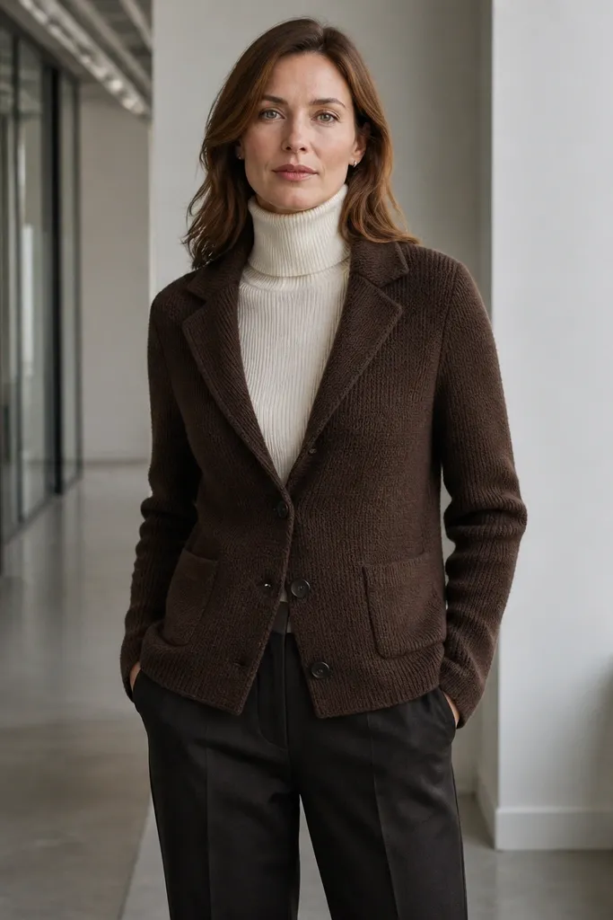 Cream turtleneck with chocolate sweater blazer and dark trousers and brown loafers