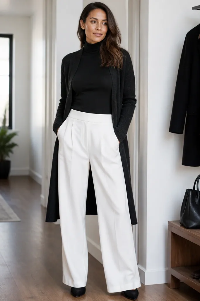 Black turtleneck with white wide-leg trousers and long cardigan with black ankle boots