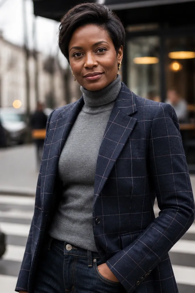 Grey turtleneck with navy check blazer and straight denim with boots