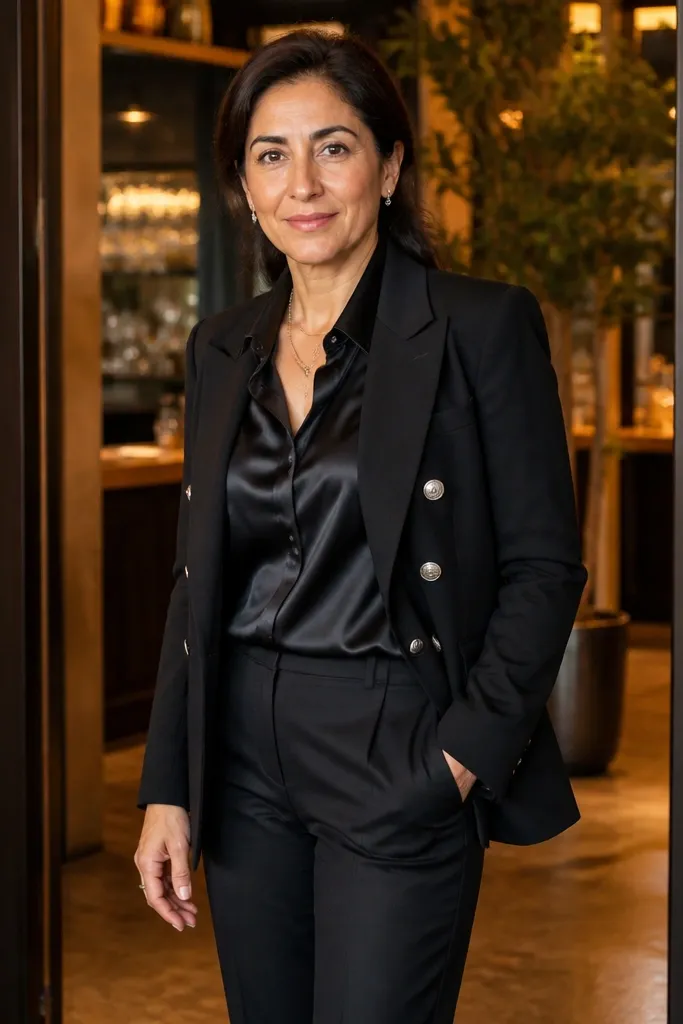 Black blazer with silver buttons over satin blouse with tailored trousers and pointed flats