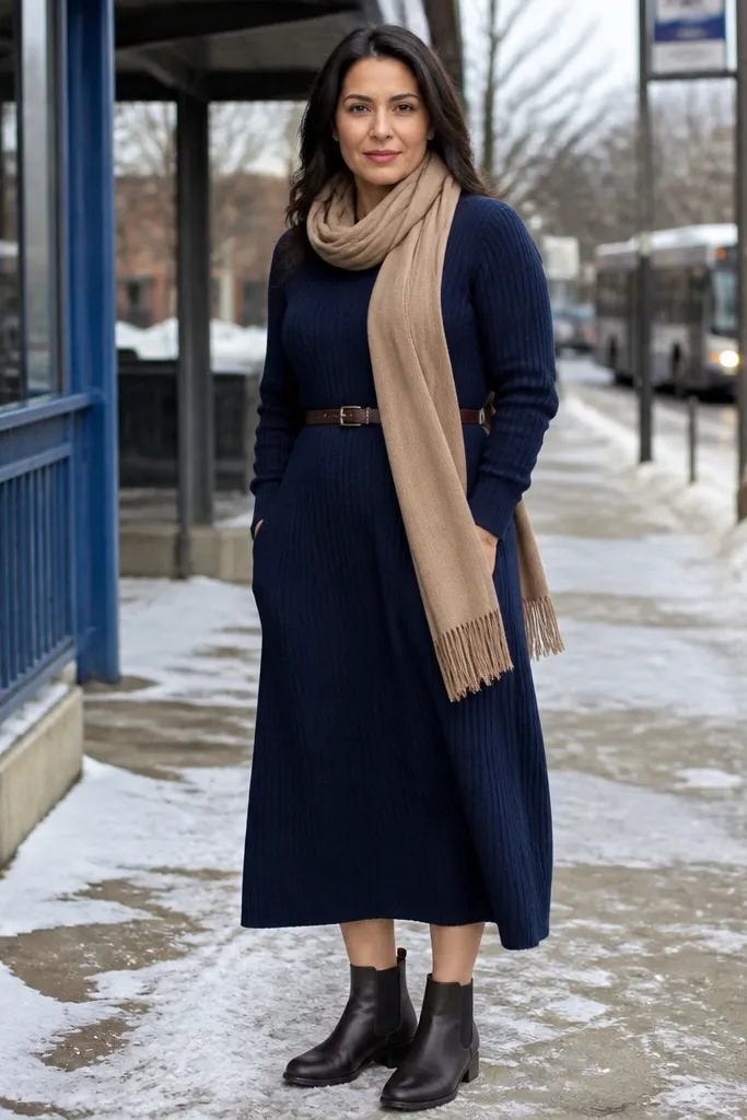 Navy knit dress with belt, long scarf, and Chelsea boots