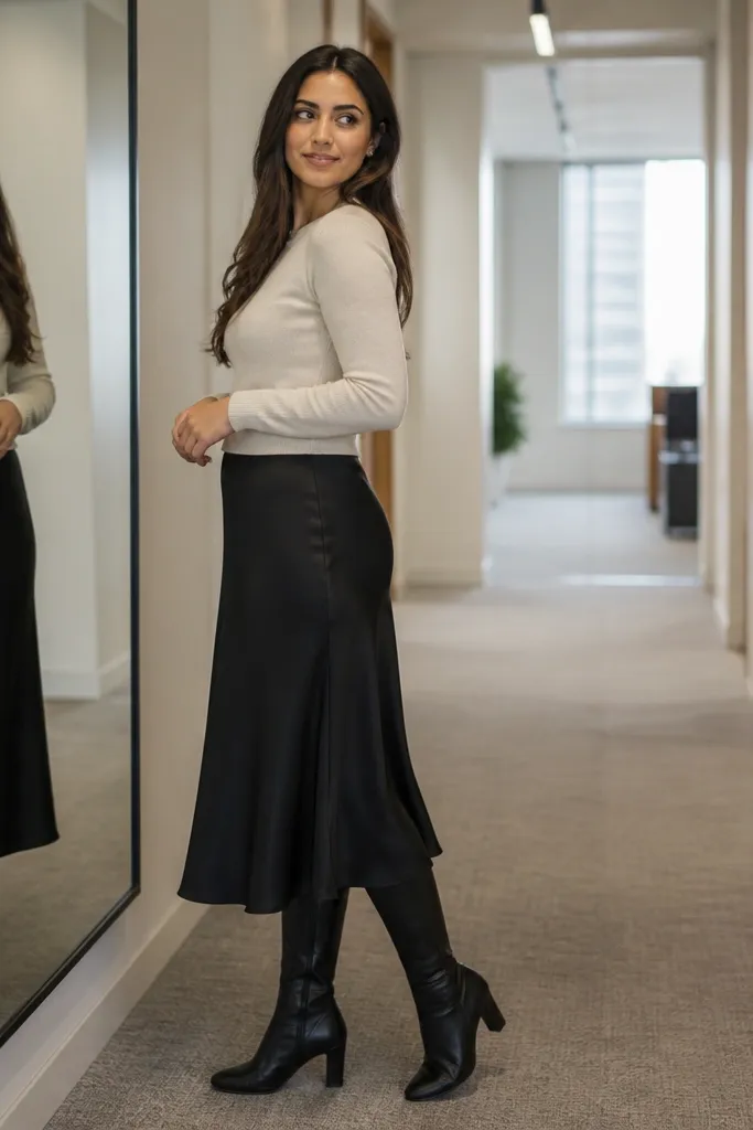 Black midi slip skirt with cream sweater and knee-high leather boots