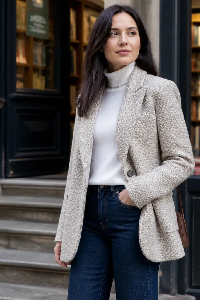 Oatmeal boucle blazer with dark straight-leg jeans and a white turtleneck