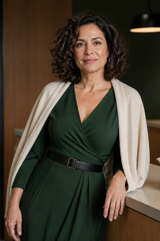 Forest green wrap dress with a black belt and a cream cardigan