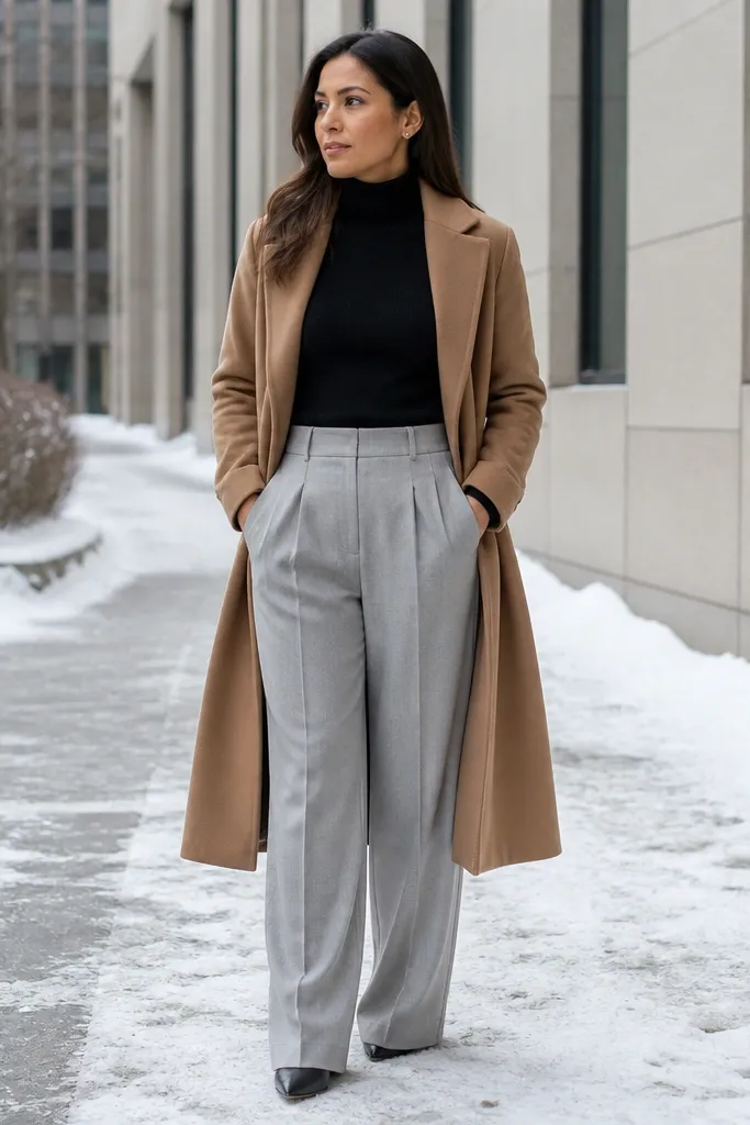 Light gray pleated trousers with black turtleneck and a camel overcoat