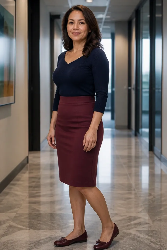 Burgundy pencil skirt with navy knit top and oxblood flats