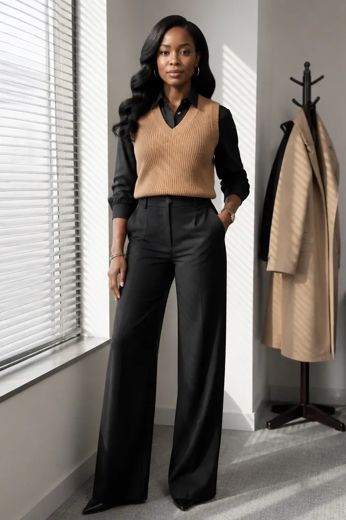 Camel sweater vest over black button-up with wide-leg trousers