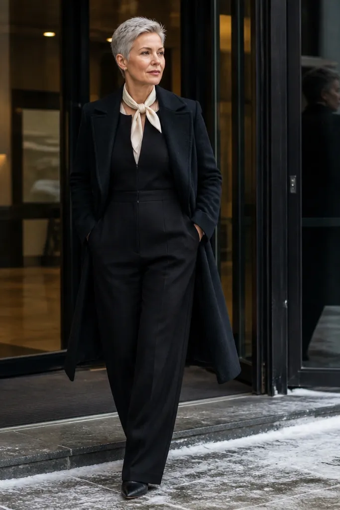 Black straight-leg jumpsuit with cream scarf-neck top layer and a long coat
