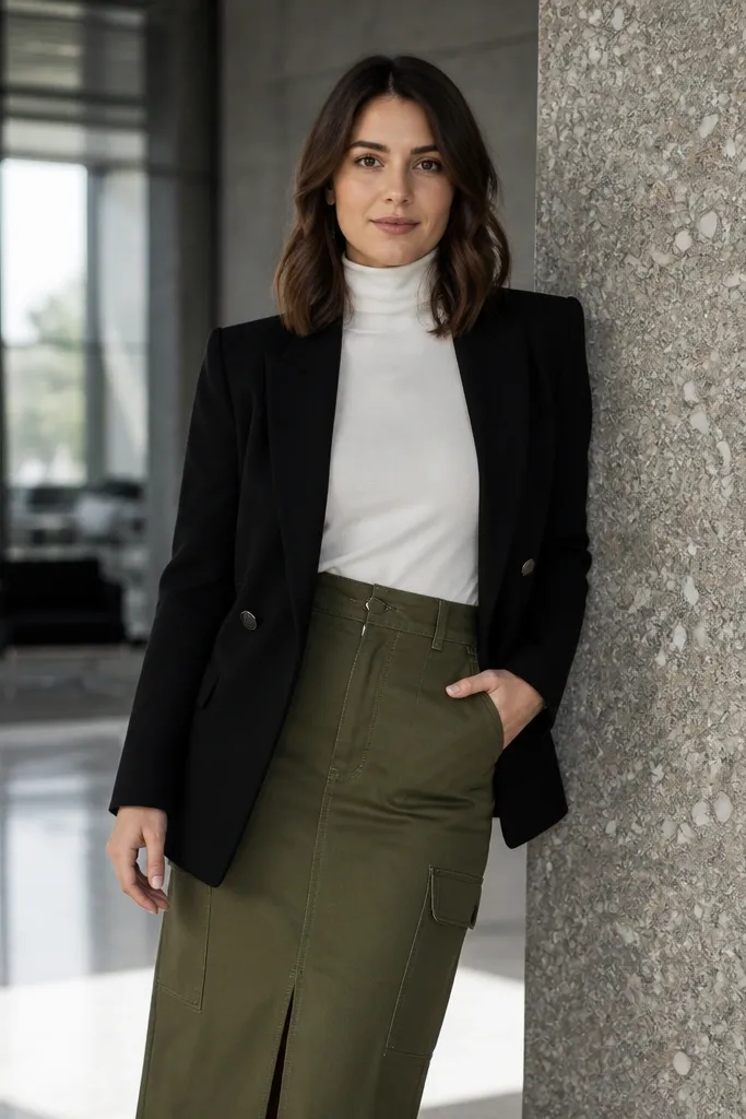 Olive utility midi skirt with white turtleneck and black blazer