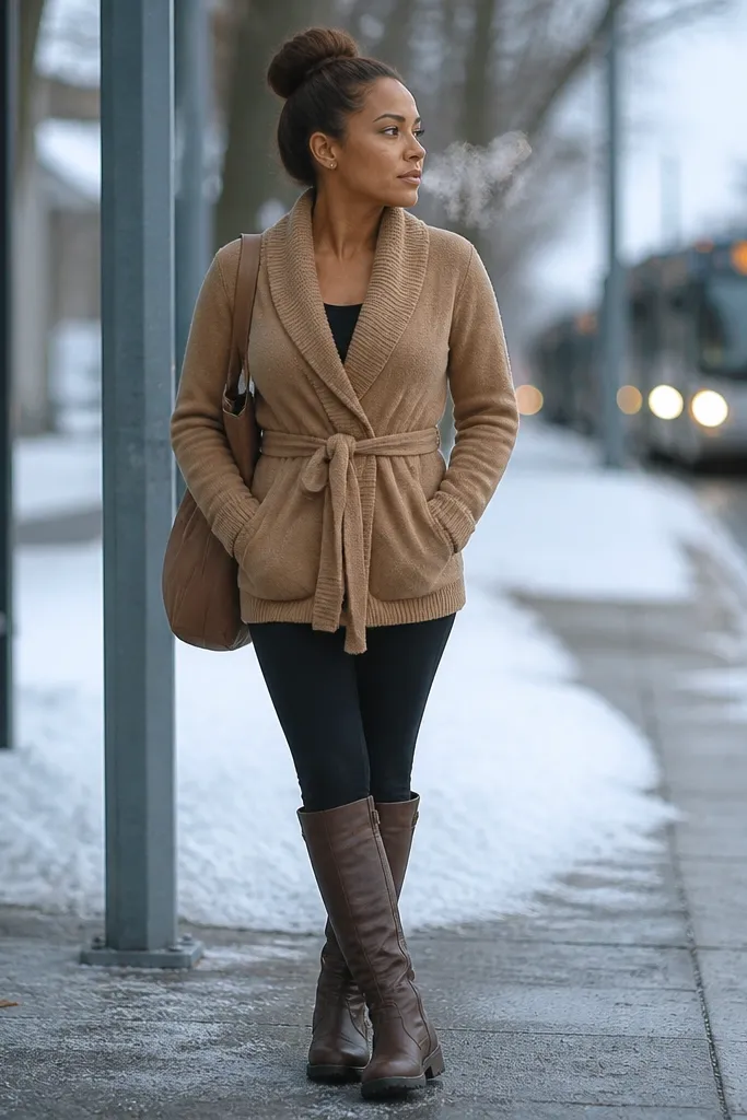 Camel wrap cardigan over black leggings with knee boots