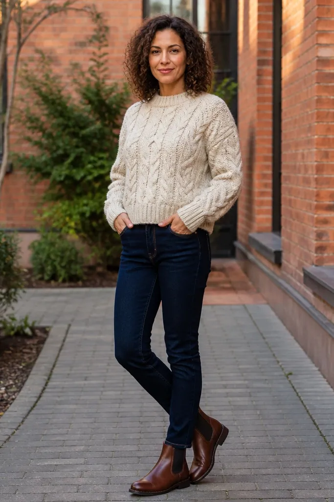 Cream cable-knit sweater with dark denim and brown Chelsea boots