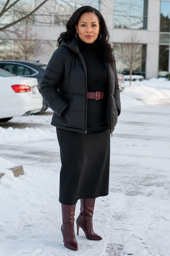 Black turtleneck midi dress with burgundy belt and short puffer coat