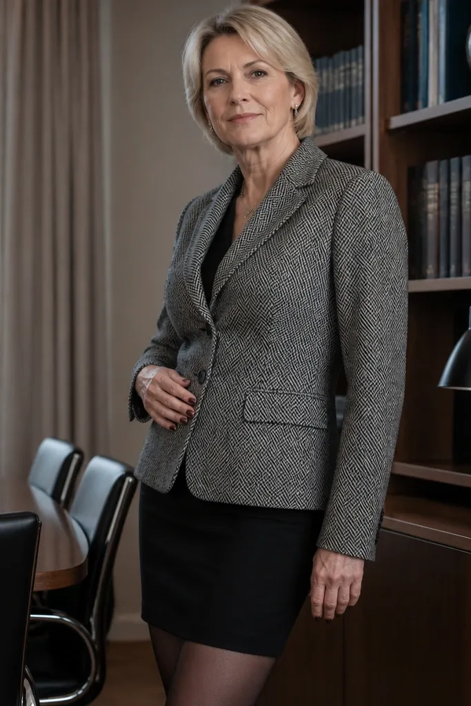 Gray herringbone blazer with black skirt and sheer black tights