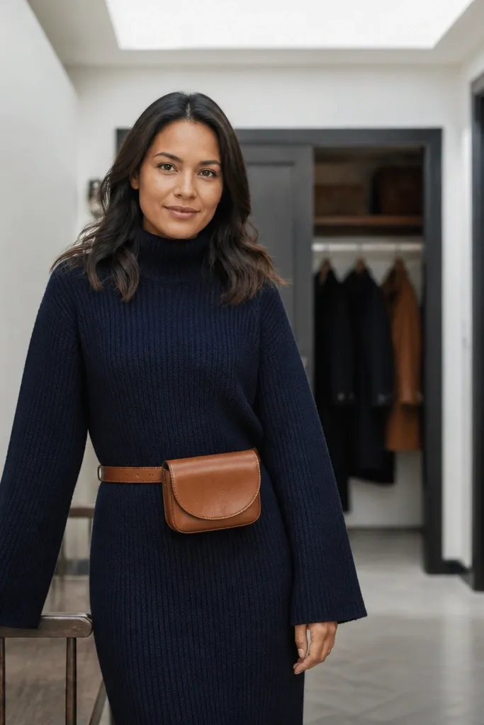 Navy sweater dress with belted waist and cognac belt bag