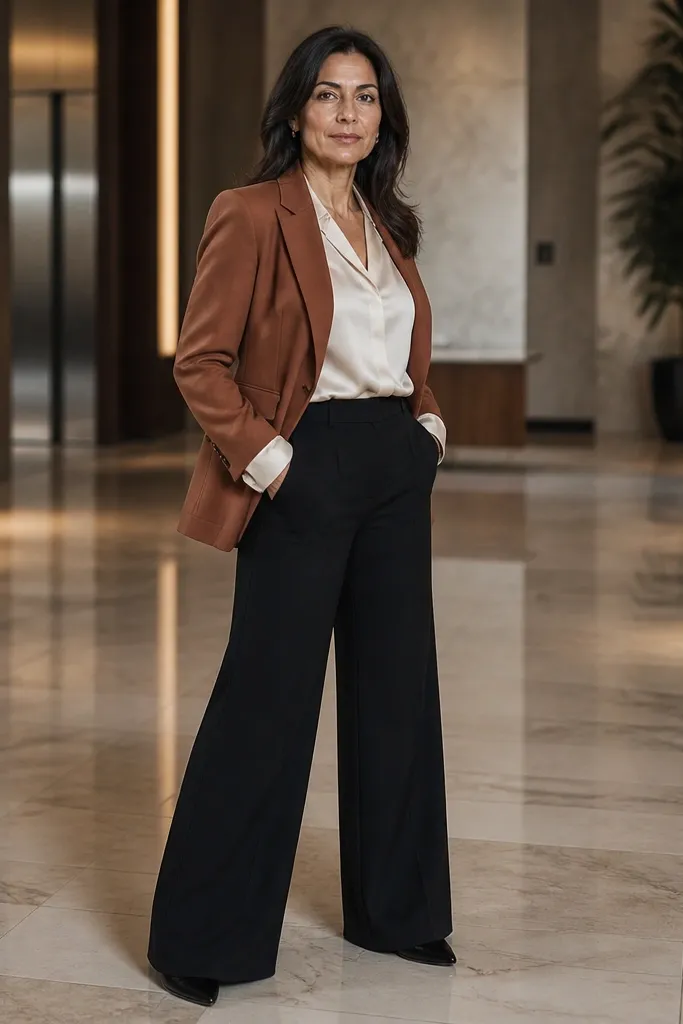 Rust blazer with black wide-leg pants and cream silk blouse