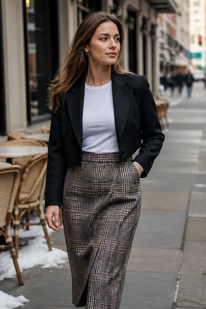 Black cropped blazer with white tee and plaid midi skirt