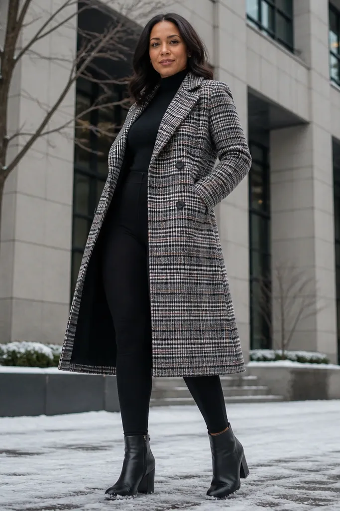 Black leggings with a structured turtleneck and a long plaid coat