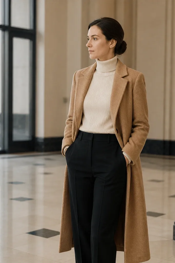 Camel long coat over cream knit with black straight trousers and ankle boots
