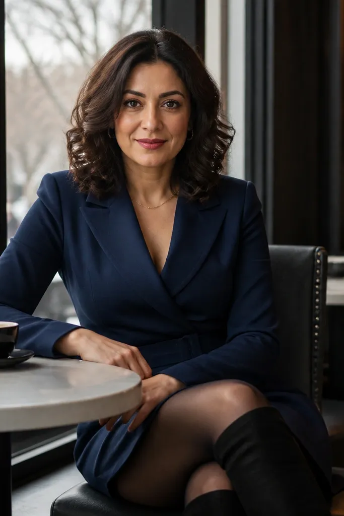 Navy blazer dress with over-the-knee boots and matte black tights