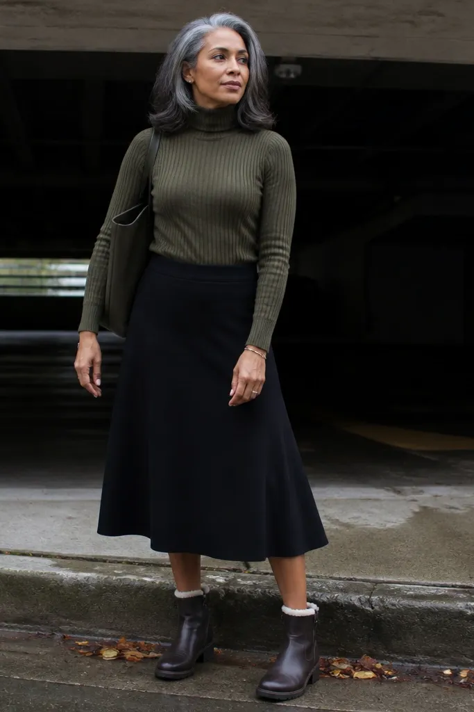 Olive ribbed turtleneck with black midi skirt and shearling-lined boots
