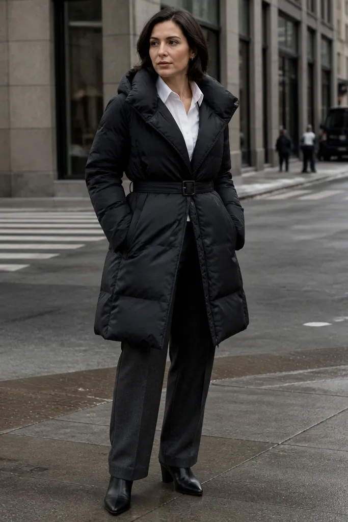 White blouse tucked into charcoal wool trousers with a belted black puffer