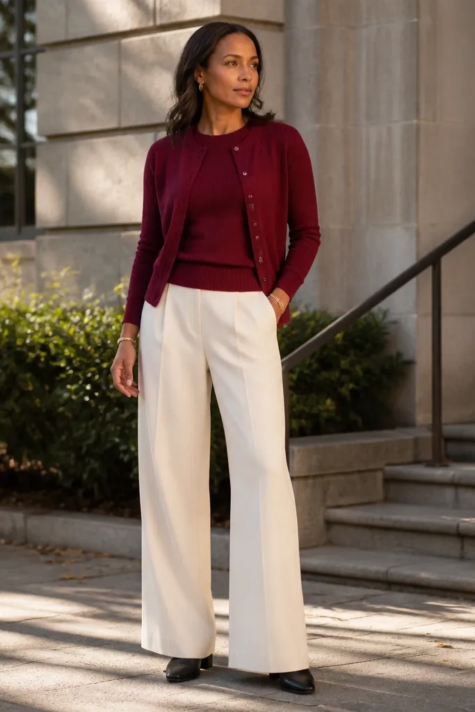 Burgundy cardigan set with cream wide-leg pants and black ankle boots
