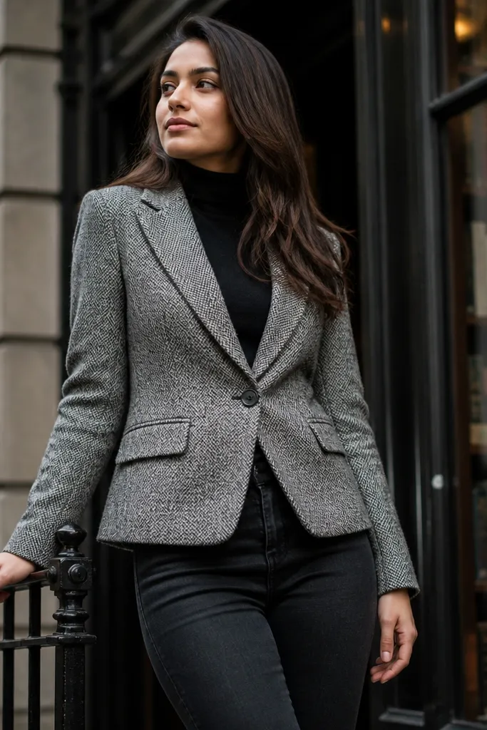 Grey tweed jacket over black turtleneck with slim dark jeans and loafers