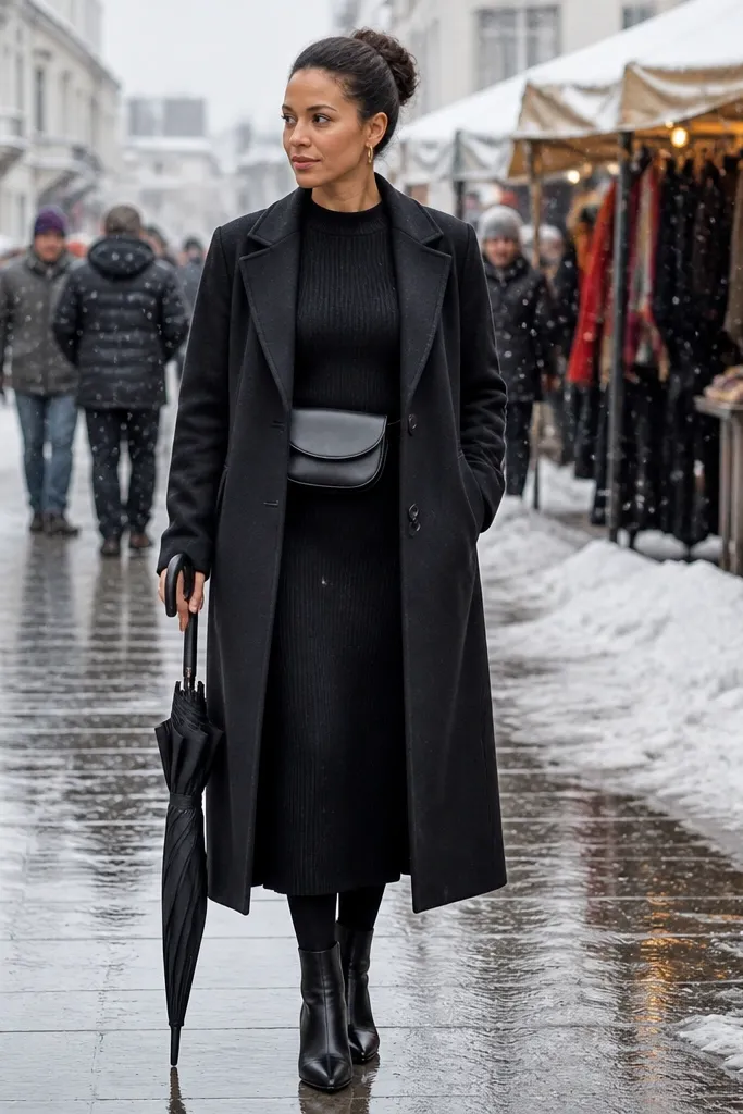Black knit midi dress with long coat and belt bag