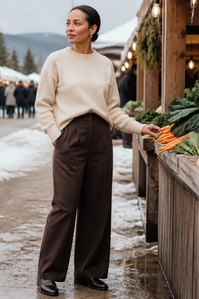 Cream sweater with chocolate brown wide pants and leather loafers