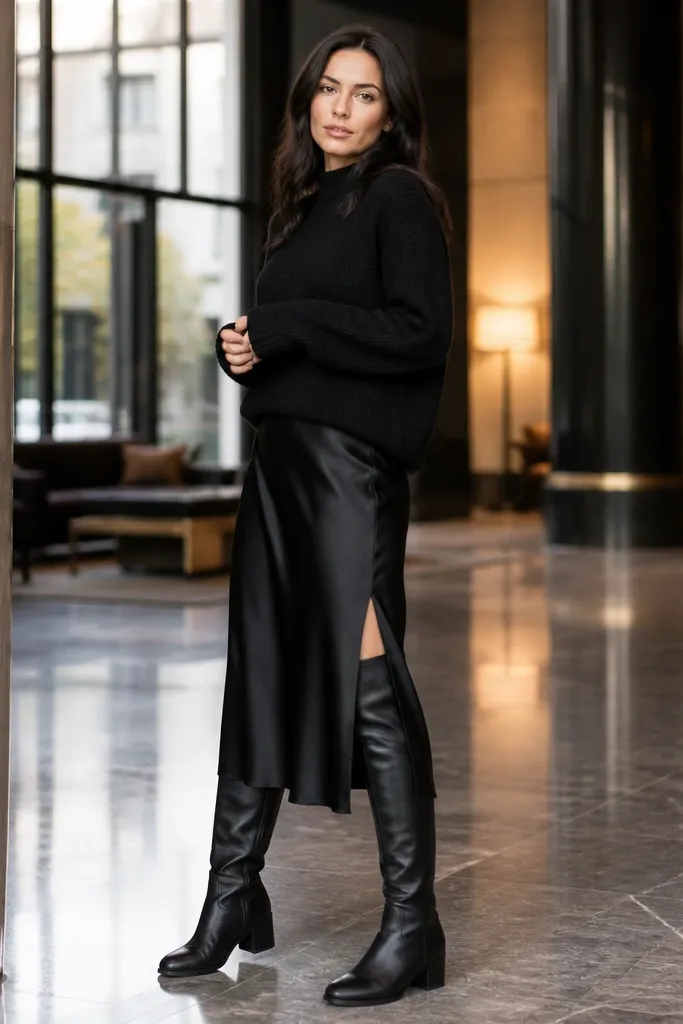 Black satin slip skirt with chunky knit sweater and thigh-high boots