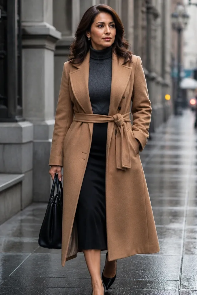 Charcoal turtleneck under camel trench with black pencil skirt