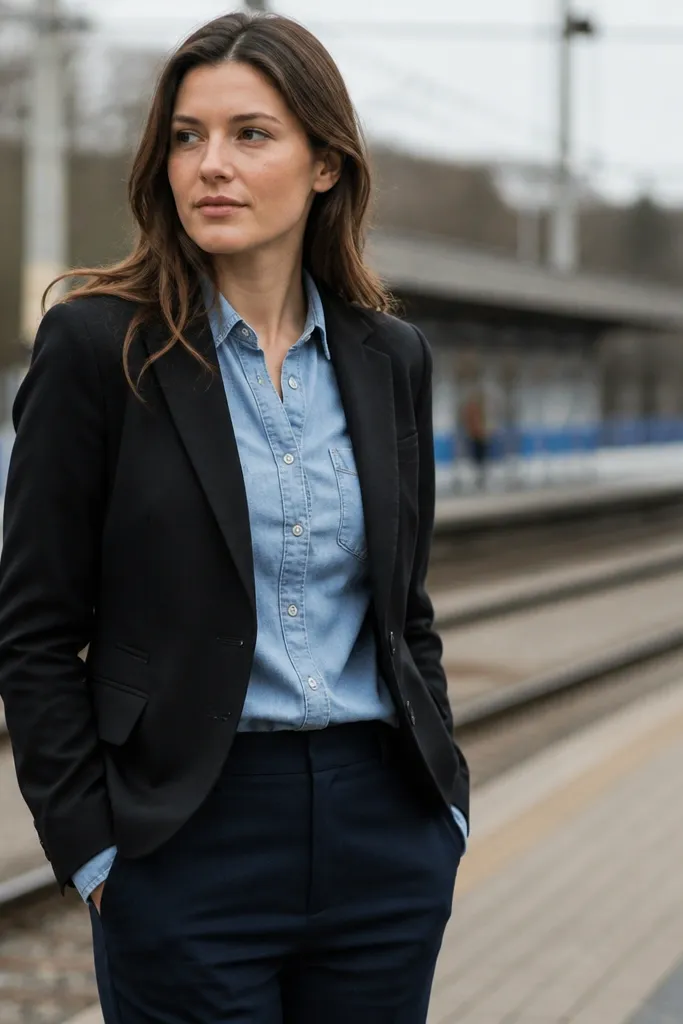 Chambray shirt under black blazer with wool trousers and ankle boots
