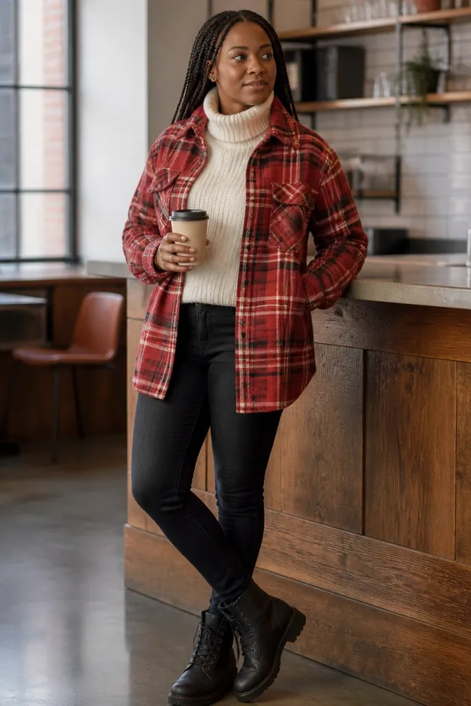 Red plaid overshirt over cream turtleneck with dark skinny jeans and boots