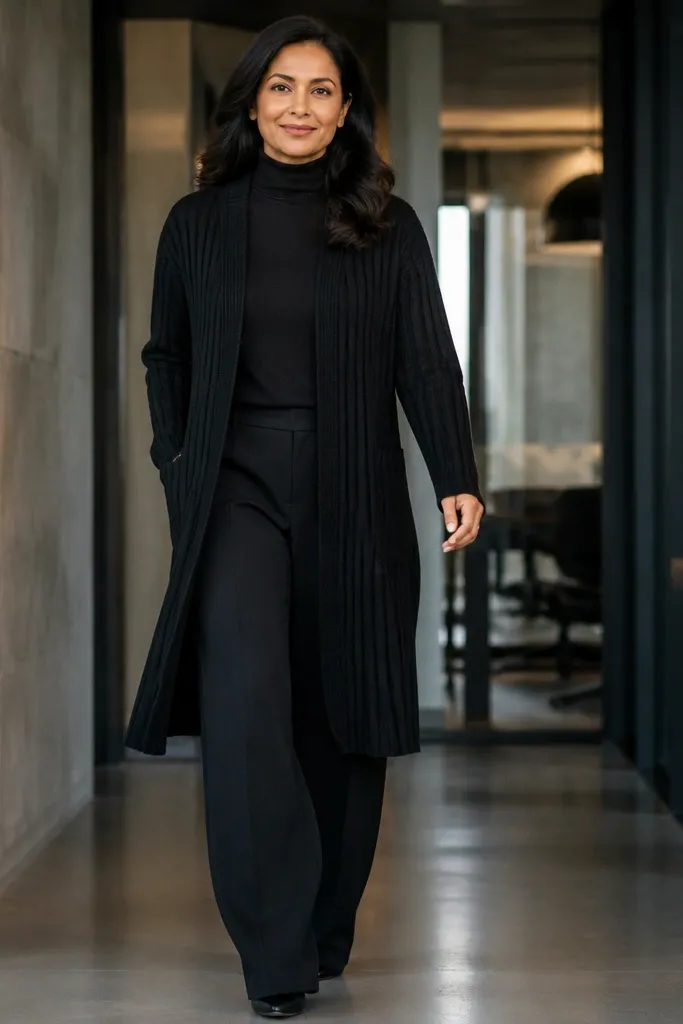 Black turtleneck with long ribbed cardigan and wide-leg trousers