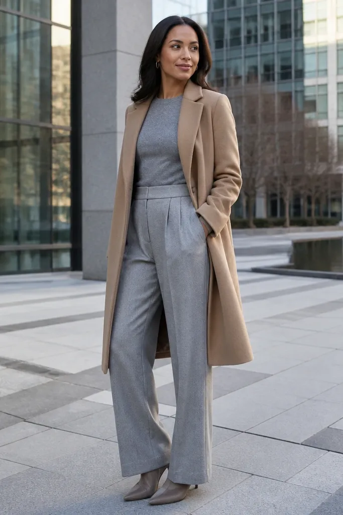 Tonal grey knit top and matching trousers with a camel coat