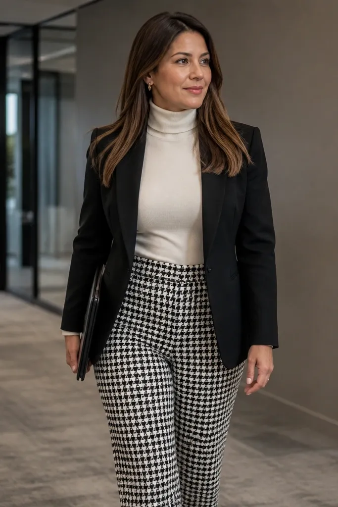 Cream turtleneck with houndstooth trousers and a black blazer