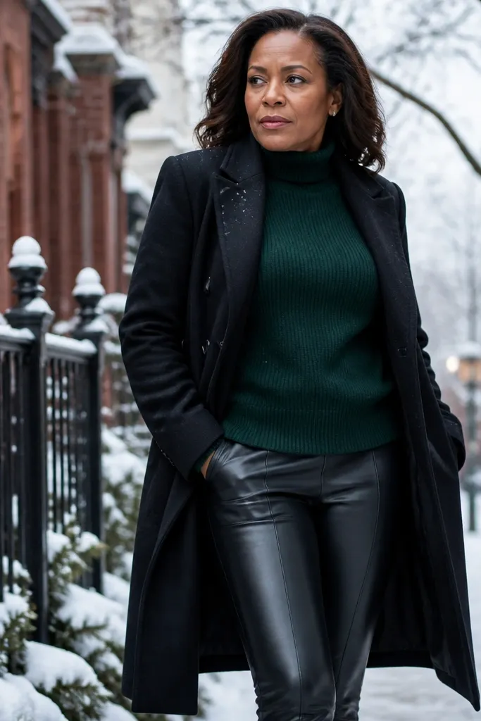 Forest green sweater with black leather leggings and long coat